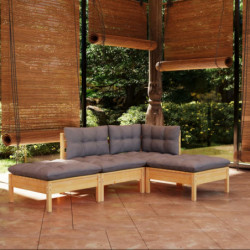 4-tlg. Garten-Lounge-Set mit Grauen Kissen Kiefer Massivholz