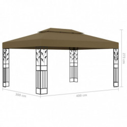 Pavillon Winfried mit Doppeldach & LED-Lichterkette 3x4 m Taupe