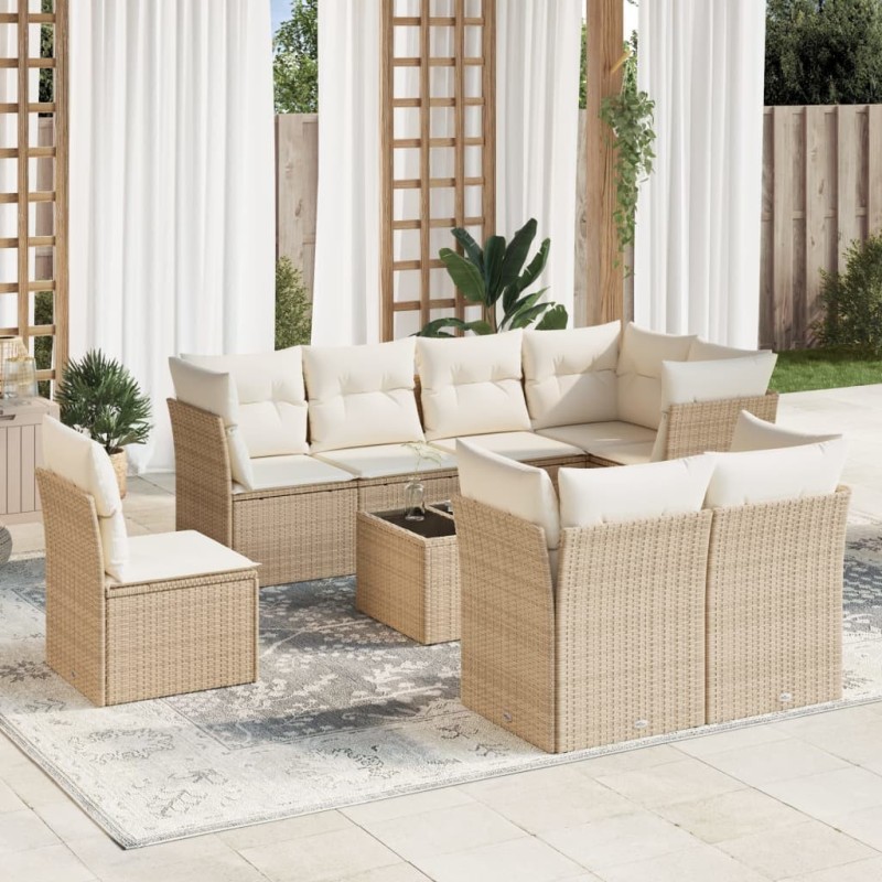 9-tlg. Garten-Sofagarnitur mit Kissen Beige Poly Rattan