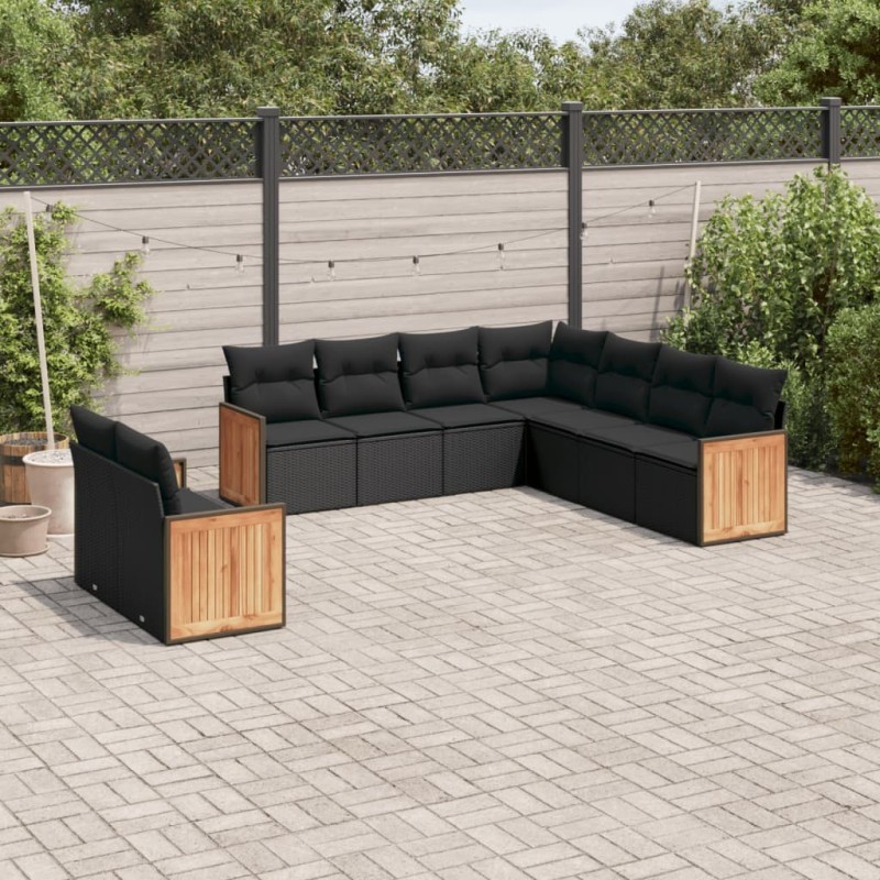 9-tlg. Garten-Sofagarnitur mit Kissen Schwarz Poly Rattan