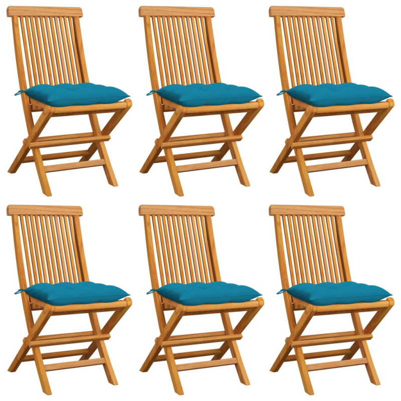 Gartenstühle mit Hellblauen Kissen 6 Stk. Massivholz Teak