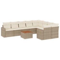 10-tlg. Garten-Sofagarnitur mit Kissen Beige Poly Rattan