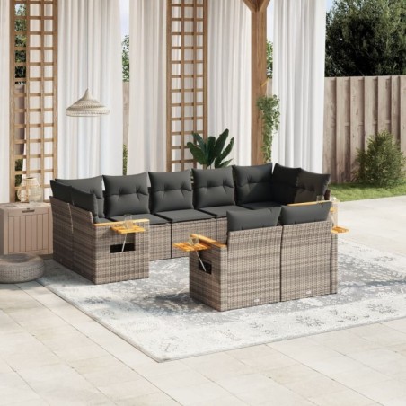 9-tlg. Garten-Sofagarnitur mit Kissen Grau Poly Rattan