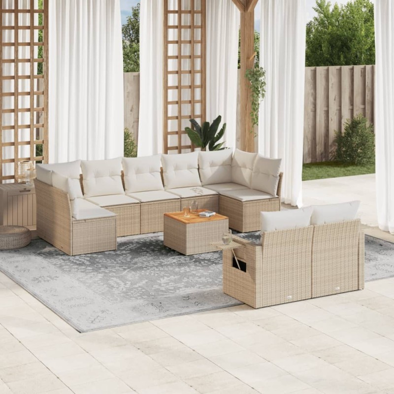 10-tlg. Garten-Sofagarnitur mit Kissen Beige Poly Rattan