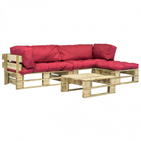4-tlg. Garten-Lounge-Set Paletten Rote Auflagen Holz