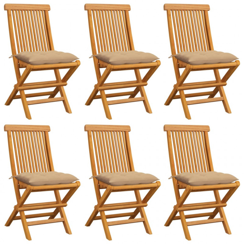 Gartenstühle mit Beige Kissen 6 Stk. Massivholz Teak