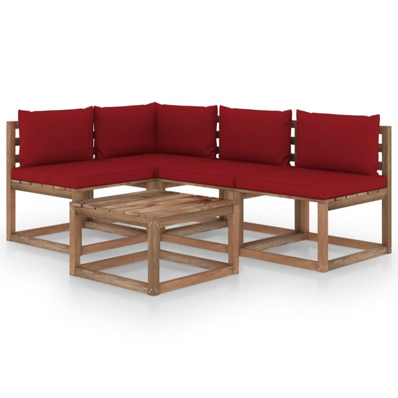 5-tlg. Garten-Lounge-Set John mit Weinroten Kissen
