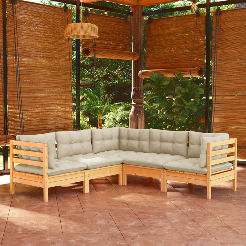 5-tlg. Garten-Lounge-Set Jöran mit Creme Kissen Massivholz Kiefer