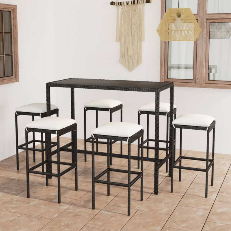 7-tlg. Gartenbar-Set Orazio mit Kissen Poly Rattan Schwarz