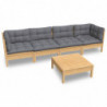 5-tlg. Garten-Lounge-Set Joyce mit Grauen Kissen Kiefer Massivholz