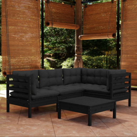 5-tlg. Garten-Lounge-Set mit Kissen Schwarz Kiefernholz