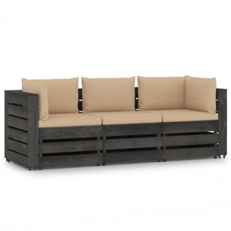 3-Sitzer-Gartensofa Beth mit Kissen Grau Imprägniertes Holz