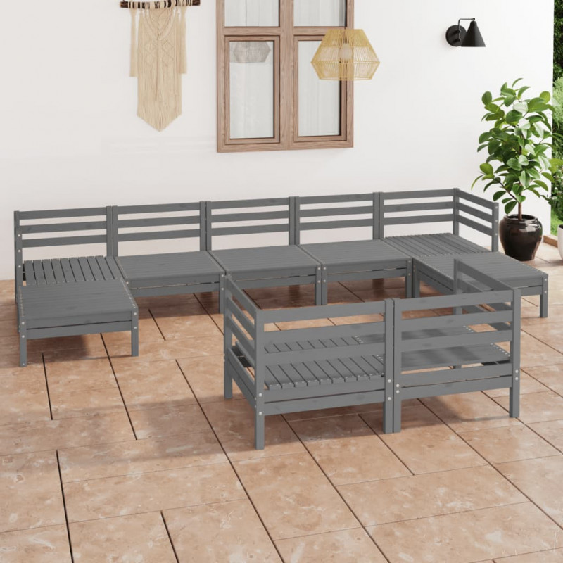 9-tlg. Garten-Lounge-Set Ross Grau Massivholz Kiefer