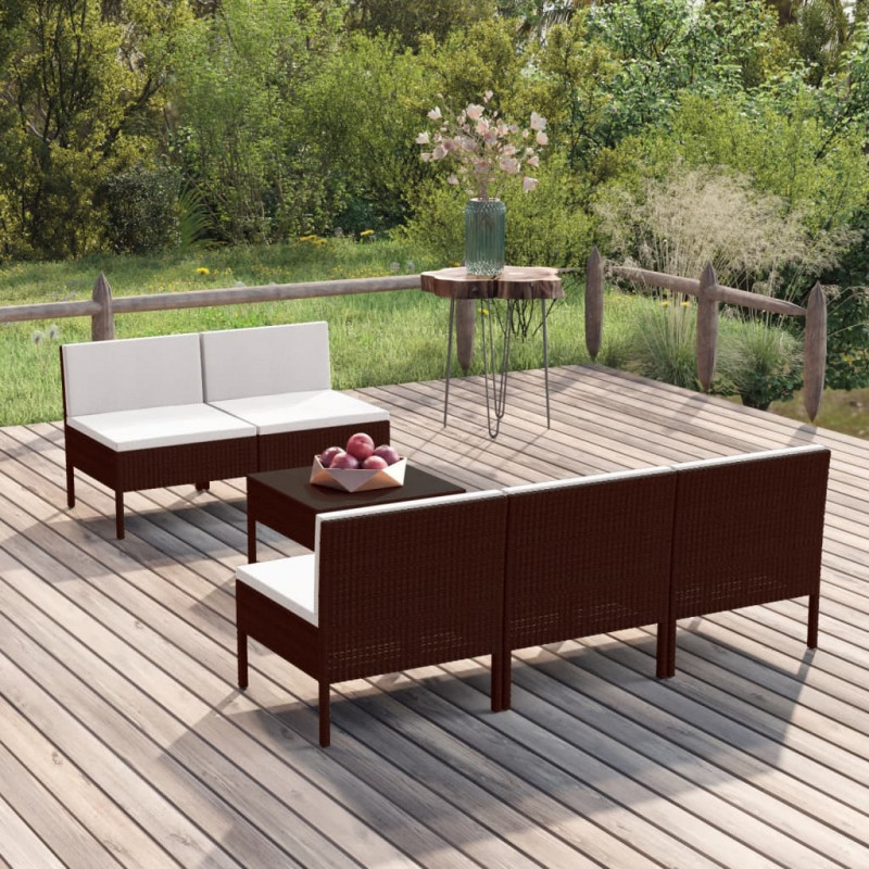 6-tlg. Garten-Lounge-Set Lenn mit Auflagen Poly Rattan Braun