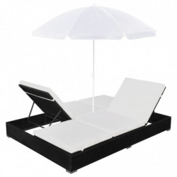 Outdoor-Loungebett mit Sonnenschirm Poly Rattan Schwarz
