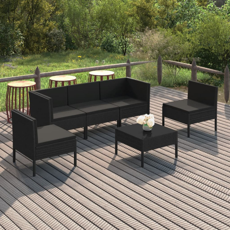 6-tlg. Garten-Lounge-Set mit Auflagen Poly Rattan Schwarz