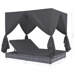 Outdoor-Lounge-Bett mit Vorhängen Poly Rattan Grau