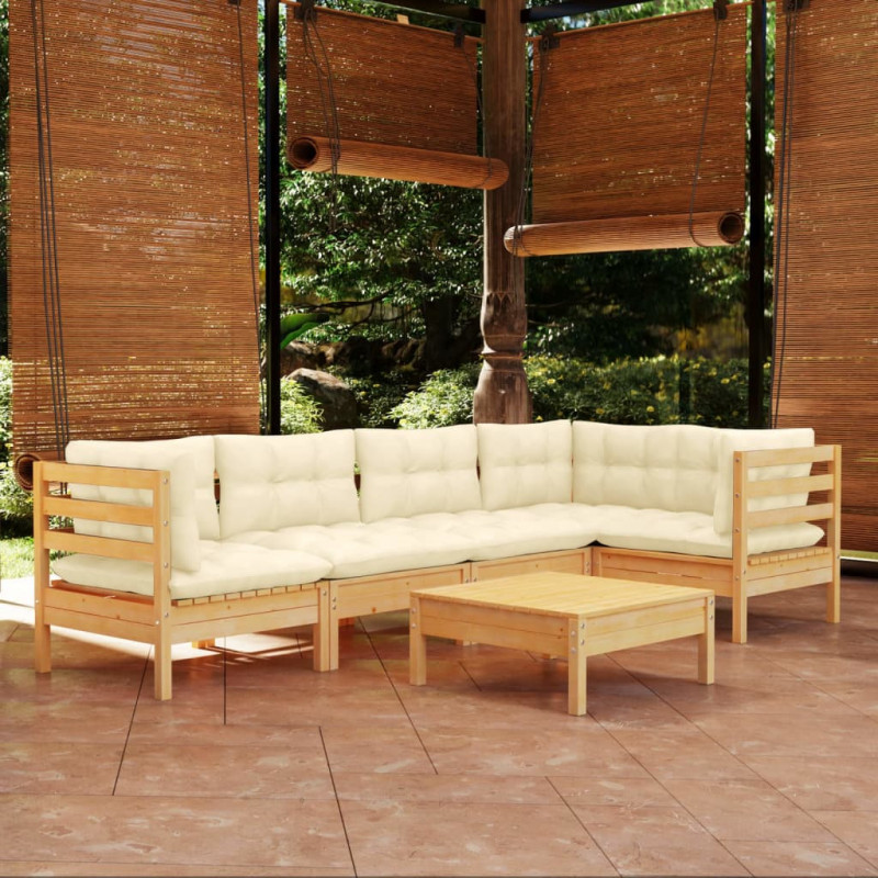 6-tlg. Garten-Lounge-Set Masha mit Creme Kissen Kiefernholz