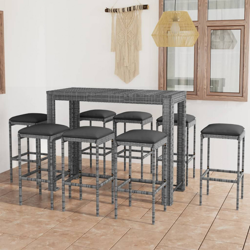 9-tlg. Gartenbar-Set Shari mit Kissen Poly Rattan Grau