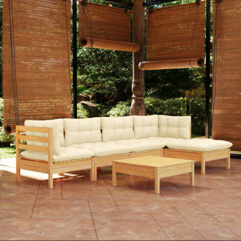 6-tlg. Garten-Lounge-Set Maylea mit Creme Kissen Kiefernholz