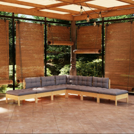 7-tlg. Garten-Lounge-Set mit Grauen Kissen Kiefernholz