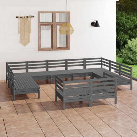 11-tlg. Garten-Lounge-Set Grau Massivholz Kiefer