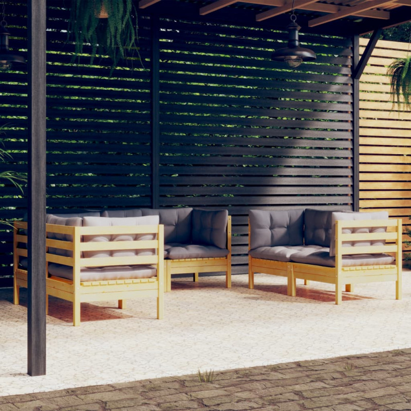 6-tlg. Garten-Lounge-Set mit Grauen Kissen Kiefer Massivholz